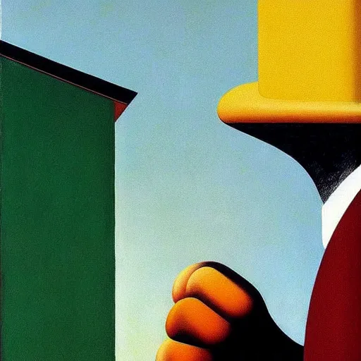 Image similar to “ painting by magritte and jeffrey smart and de chirico, featuring stairs, and man in hat ”