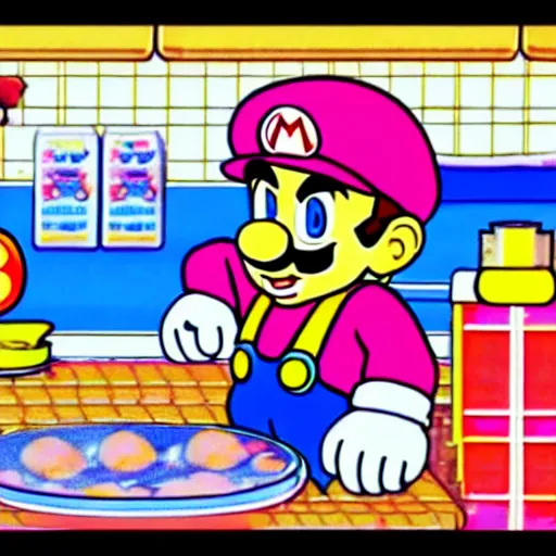 Prompt: super mario in everyday clothes cooking pasta for princess peach, sprite, vaporwave nostalgia, directed by beat takeshi, visual novel cg, 8 0 s anime vibe, kimagure orange road, maison ikkoku, sketch by akira toriyama