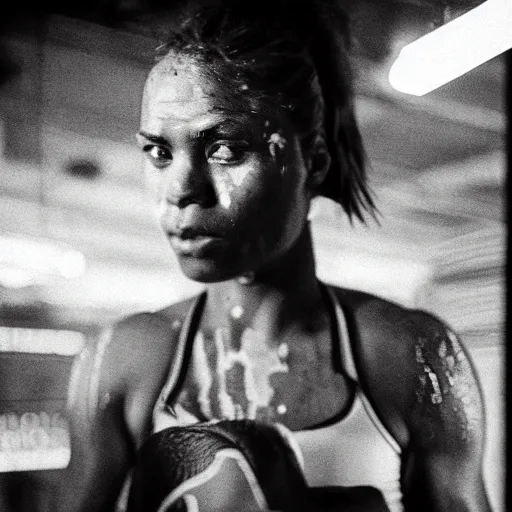 Image similar to close up portrait of woman boxer after boxing with brews blood sweating, photography photojournalism, very grainy image, neon light, 80mm lens, close up portrait polaroid