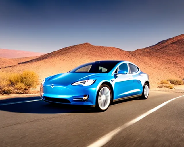 Prompt: a blue tesla driving across a road in the mojave desert, golden hour