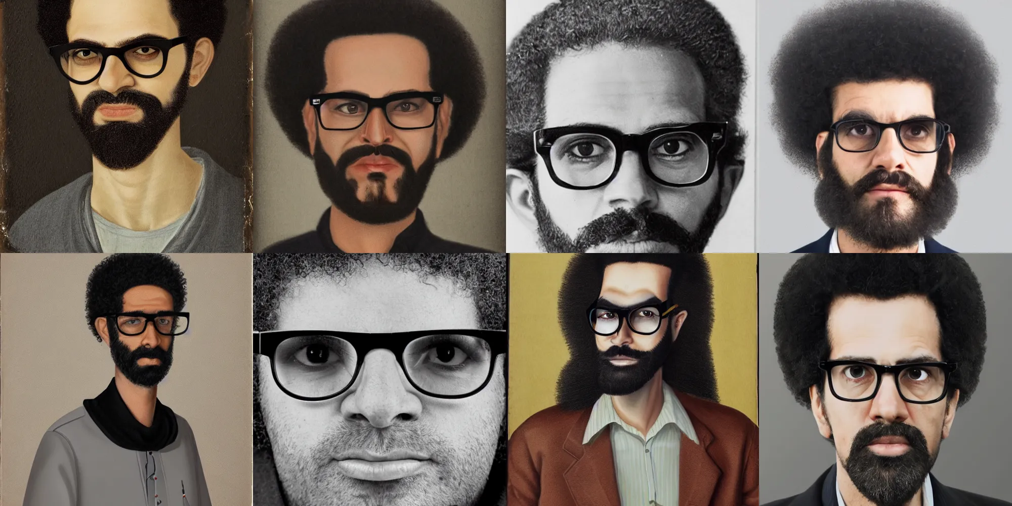 Prompt: A highly detailed portrait of a tall skinny persian white man with a black afro and stubble, wearing black glasses