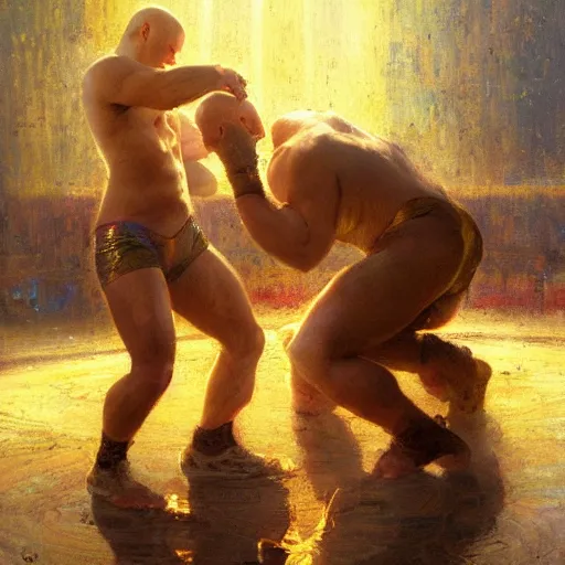 Image similar to bald wrestler breaking blonde wrestler's back, radiant light, caustics, heroic, bright iridescent light, by gaston bussiere, bayard wu, greg rutkowski, maxim verehin, epic wrestling combat, legendary