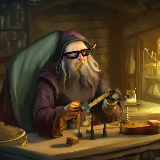 Prompt: a wizard wearing sunglasses drinking a magical potion in a medieval lab, digital art, fantasy, artstation, 4k, award-winning, epic