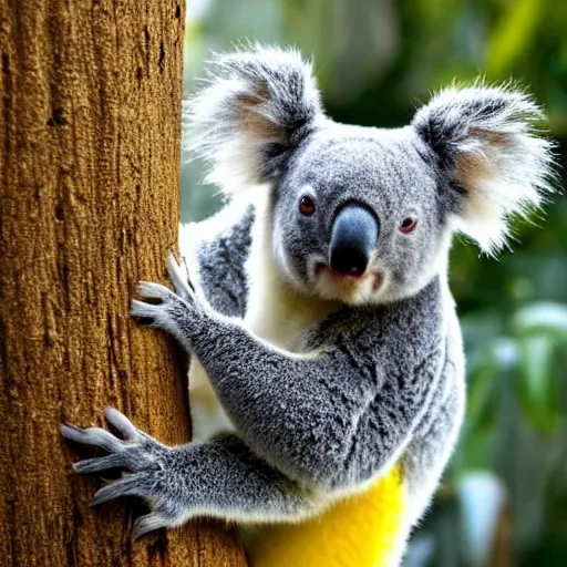 Image similar to a surreal photo of a very rare koala with yellow hair