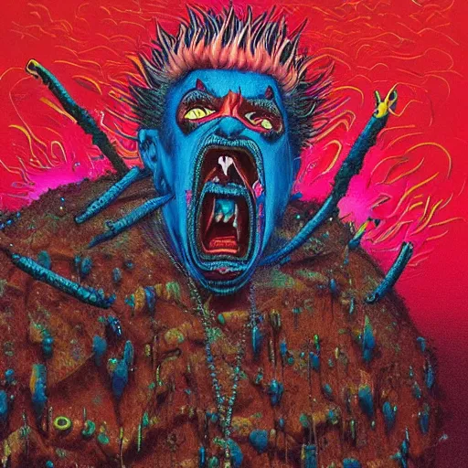 Prompt: guy fieri wearing a neon colored mesh crop top and pit vipers, insane clown posse mosh pit, art by beksinski