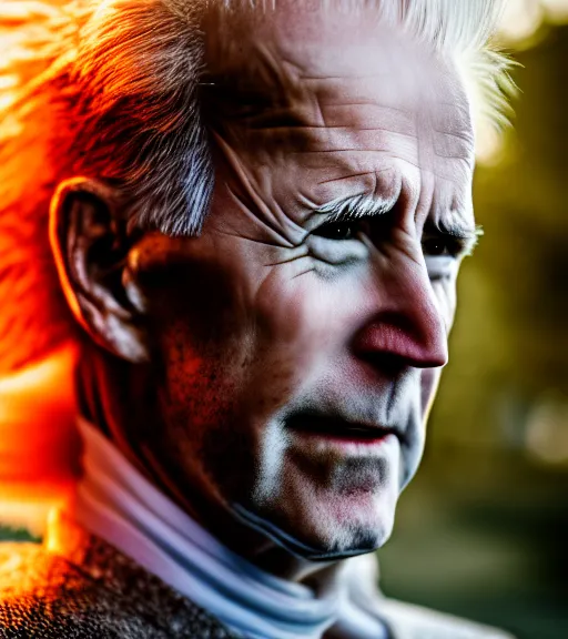 Image similar to award winning 5 5 mm close up portrait color photo of super saiyan biden, in a park by luis royo. soft light. sony a 7 r iv