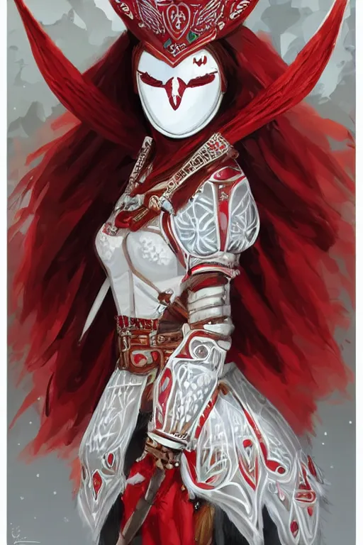 Image similar to female adventurer in tight full - body white embroidered leather armor of vyshyvanka design with red accents and a red porcelain crow mask, trending in artstation, ukrainian, artstation, big moon in the background, establishing shot