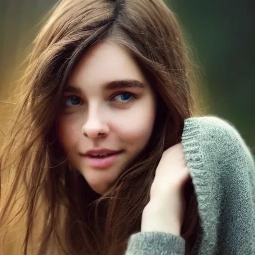 Image similar to real life photo of a beautiful girl, full body photoshoot, long brown hair, brown eyes, full round face, short smile, sweater, forest setting, cinematic lightning, medium shot, mid - shot, highly detailed, trending on artstation, unreal engine 4 k, 8 0 mm, 8 5 mm, cinematic wallpaper