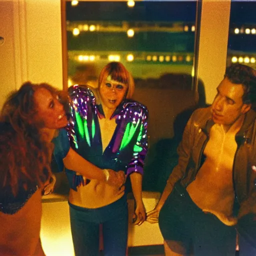 Prompt: interior view of people wearing disco clothing having a disco party inside of a 1970s luxury highrise condo at night with balcony, ektachrome photograph, f8 aperture