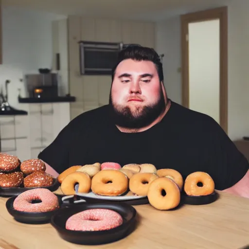 Image similar to big fat guy sitting at a dirty table with too many donuts on his plate,