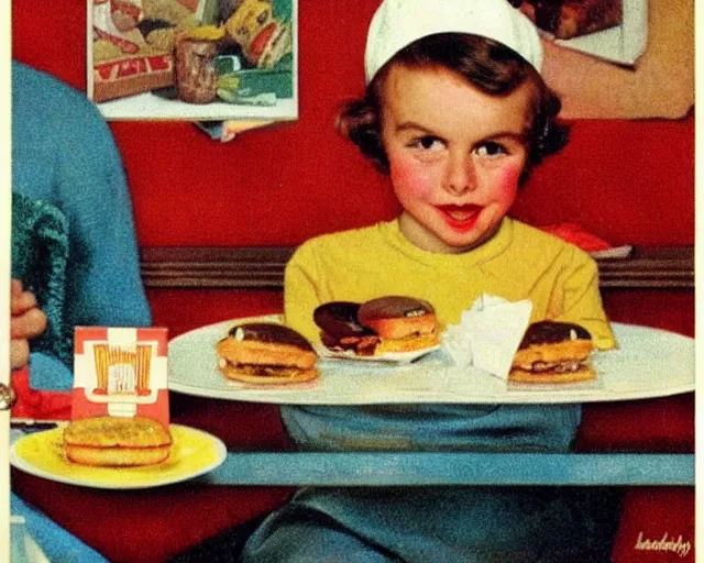 Image similar to vintage mcdonald's commercial depicting the hamburgular, by saul leiter, by norman rockwell