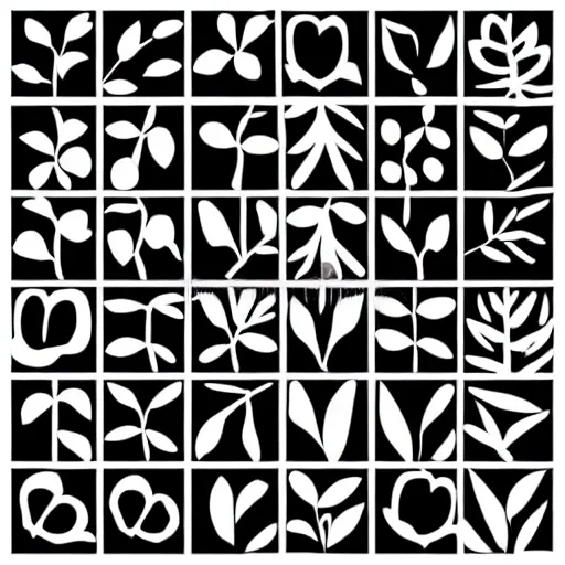 Prompt: a black and white line drawing illustration of a grouping of plant vector icons in a grid, minimalist, stock image, bold lines
