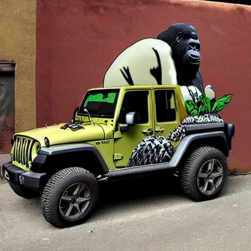 Image similar to gorilla driving a jeep holding an amanita muscaria made by banksy