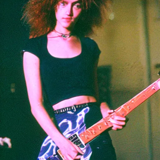 Prompt: 19-year-old woman holding electric guitar, long shaggy red hair, permed hair, stoner rock concert, grunge concert, riff rock, live in concert, concert lighting, 1993, VHS quality