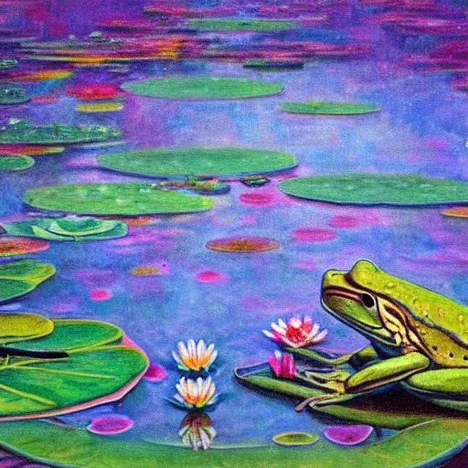 Prompt: alex jone infowars, lying on lily pad, frogs, style of claude monet, rainbow colors, painting