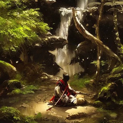 Image similar to Samurai resting in front of a waterfall inside a forest, oil painting, by Greg Rutkowski