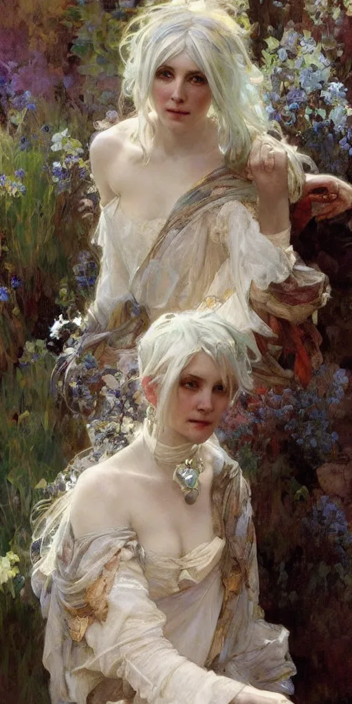 Image similar to a beautiful white haired woman, adorned with precious stones, by jeremy mann and alphonse mucha