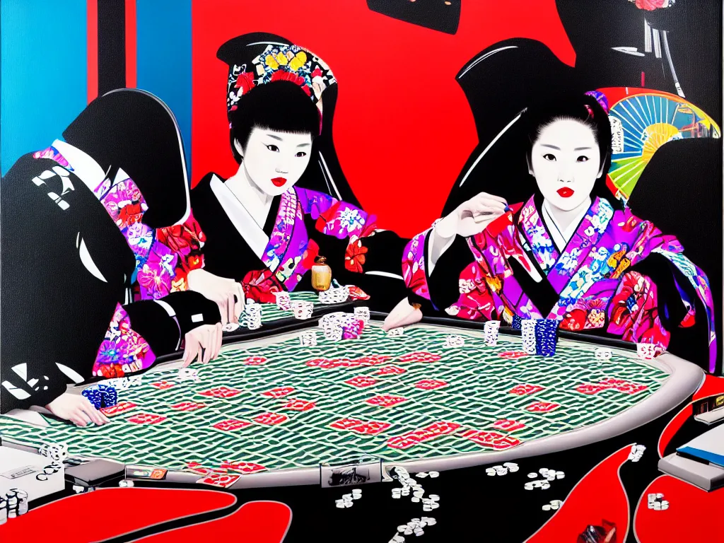 Image similar to hyperrealism composition of the detailed woman in a japanese kimono sitting at an extremely detailed poker table with darth vader, fireworks on the background, pop - art style, jacky tsai style, andy warhol style, acrylic on canvas