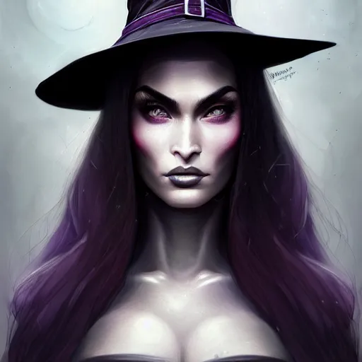 Image similar to an insanely detailed portrait of a beautiful witch that looks like megan fox with long dark purple hair, wearing black witch hat, beautiful detailed eyes, in the style of peter mohrbacher, artgerm, dramatic lighting and composition, octane render, trending on artstation, concept art