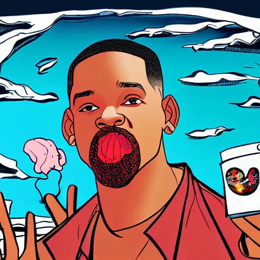 Image similar to digital art, an apocalyptic world where will smith is sitting watching the disaster while eating a strawberry ice cream