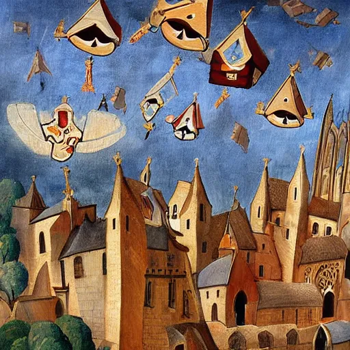 Image similar to a medival painting of holy objects flying above a medival town.