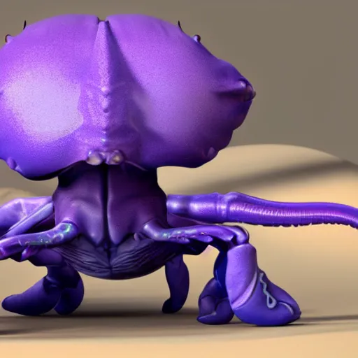 Prompt: photo realistic 3d render of purple and blue alien crab like creature with four eyes and eight limbs and long elephant trunk