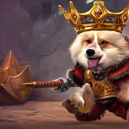 Image similar to a proud corki reigns as king, hyperrealistic