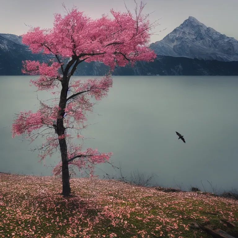 Prompt: a beautiful awesome artistic tree in the winter with falling flowers like leaves and many birds, all in the amazing outdoors view, mountain in the background, lake, long exposure, 8 k resolution, trending on artstation