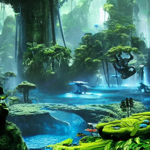 Image similar to HD, action scene with Na'vi on the planet Pandora, from the movie 'Avatar 2: Way Of Water'