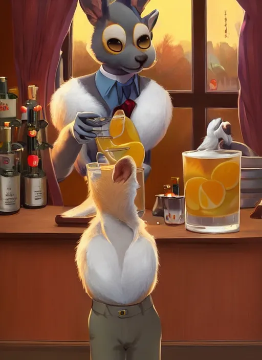 Prompt: squirrel anthro as a dapper bartender with a big, fluffy tail, retro futurism, art deco, detailed, painterly digital art by WLOP and Cory Loftis and Henry Justice Ford, 🐿🍸🍋, furaffinity, trending on artstation