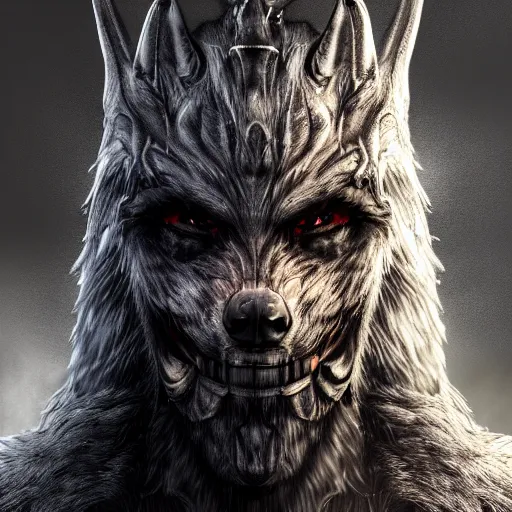 Image similar to a digital art of realistic portrait of werewolf from dark souls, scary grim dark werewolf, fantasy concept art character sheet, 4 k, ultra detail, volumetric lighting, unreal engine, octane render