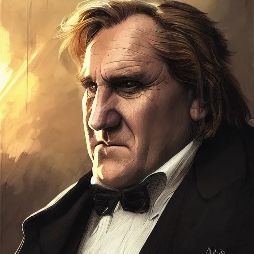 Prompt: [Gerard Depardieu as Batman as president of France!, closeup, D&D, intricate, elegant, highly detailed, digital painting, artstation, concept art, matte, sharp focus, illustration, art by Artgerm and Greg Rutkowski and Alphonse Mucha]