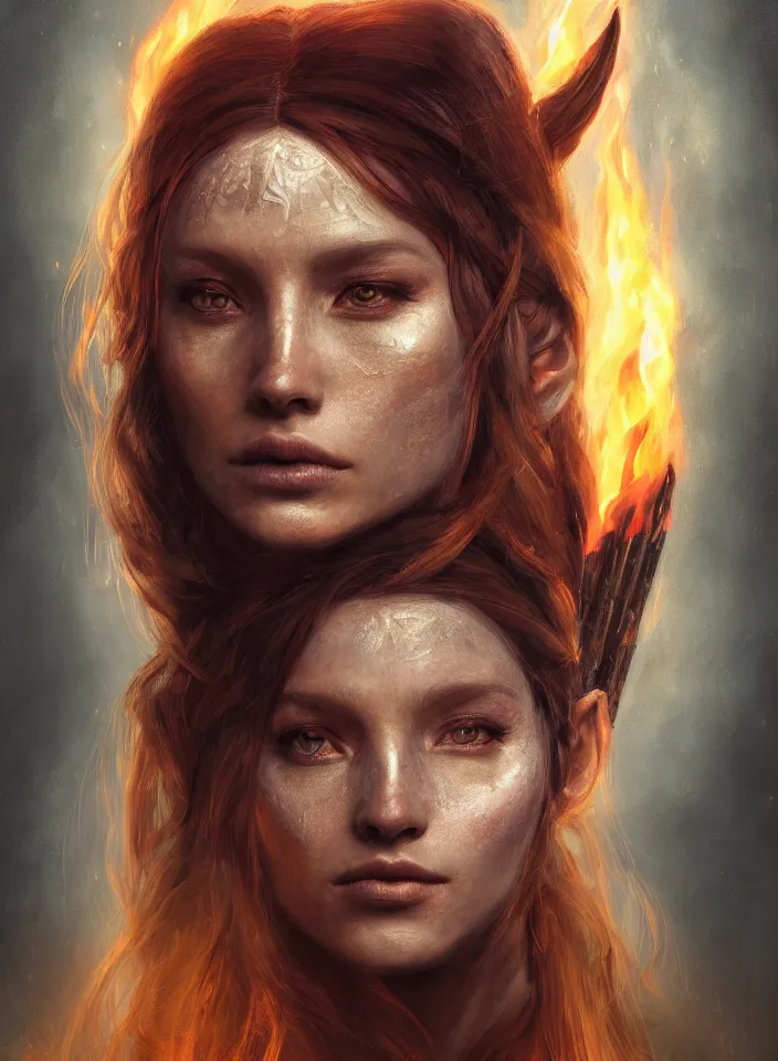 Image similar to a face portrait of a beautiful girl as a fire sorceress from skyrim, fantasy setting, beautiful face, serene colors, soft lighting, atmospheric, cinematic, moody, in the style of diego koi, gina heyer, luiz escanuela, art by alyssa monk, hyperrealism, rule of thirds, golden ratio, oil on canvas, 8 k