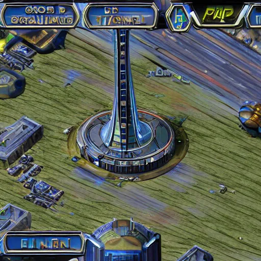 Prompt: the seattle space needle building in StarCraft, video game screenshot