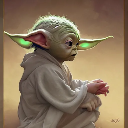 Image similar to baby yoda in the role of frodo bagging, intricate, elegant, highly detailed, digital painting, artstation, concept art, smooth, sharp focus, illustration, art by artgerm and greg rutkowski and alphonse mucha and william - adolphe bouguereau