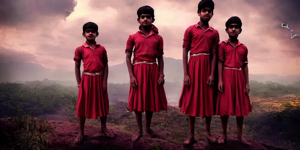 Prompt: kerala school boys wearing girls dresses posing for a photo, an epic fantasy, dramatic lighting, cinematic, establishing shot, extremely high detail, photorealistic, cinematic lighting, artstation, matte painting by christopher nolan, horizon forbidden west