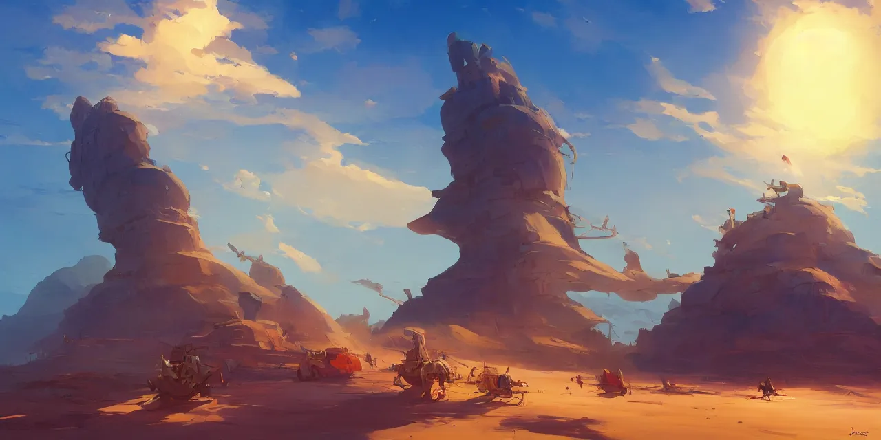 Prompt: blue desert, organic tower in the distance, green sky with a red sun, pirate ship floating in the sky, official fanart behance hd artstation by jesper ejsing, by rhads, makoto shinkai and lois van baarle, ilya kuvshinov, ossdraws