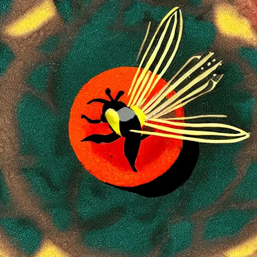 Image similar to a Wiccan ritual spell with a bumblebee placed in the middle of a bloody bullseye, fantasy illustration