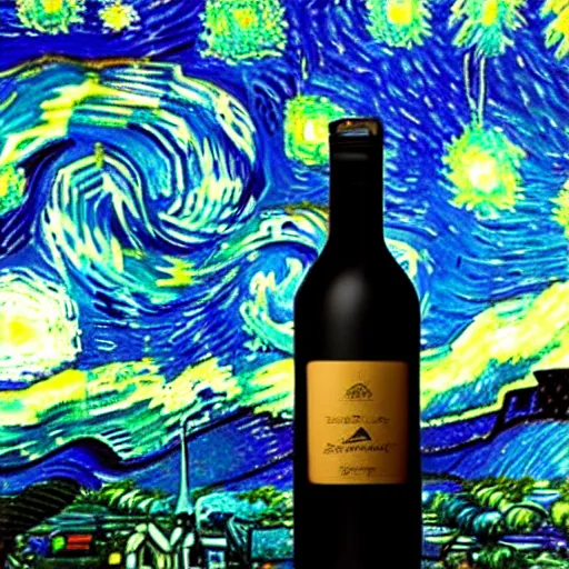 Image similar to a bottle on display filled by the sky painting by van gogh starry night, by van gogh