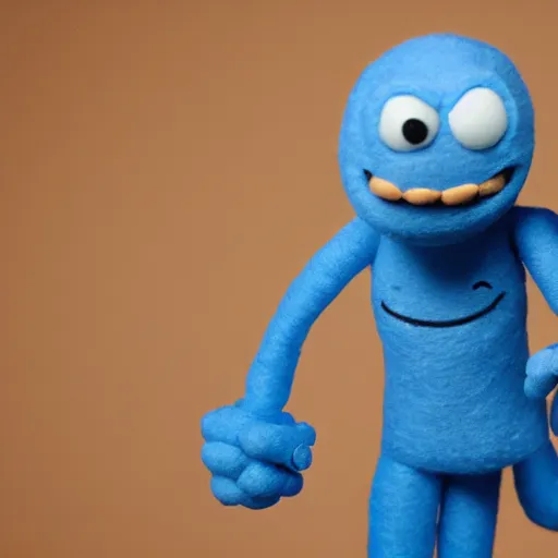 Image similar to mr meeseeks as a muppet. highly detailed blue felt. hyper real photo. 4 k.