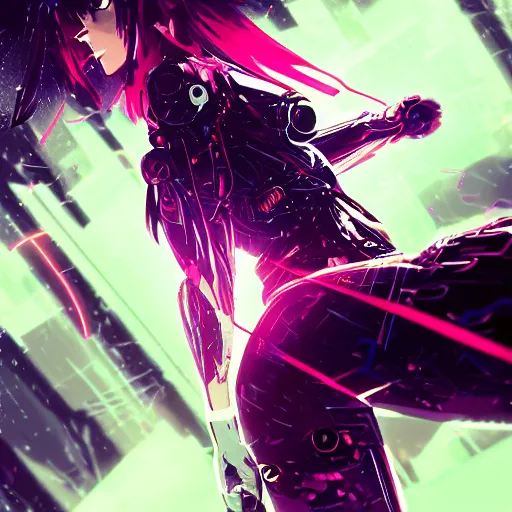 Prompt: digital cyberpunk anime!!, shattered cyborg - body, cyborg - girl in the style of arcane!!!, lightning, raining!!, water refractions!!, black red fade long hair!, biomechanical details, neon background lighting, reflections, wlop, ilya kuvshinov, artgerm