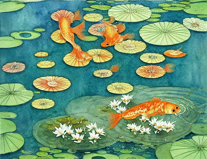 Image similar to goldfish in a pond full of lily pads seen from above, watercolor art by walter crane and kay nielsen, watercolor art