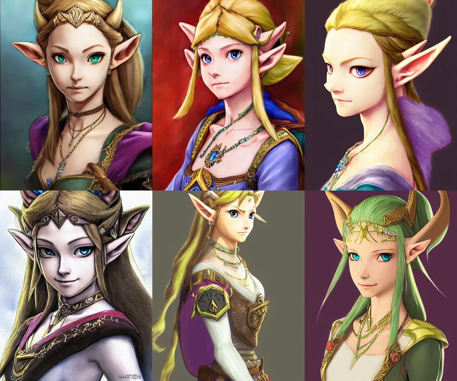 Prompt: portrait of princess zelda, two ears, in the style of twilight princess, beautiful, elegant, fantasy, artstation, trending, highly detailed, focus, smooth, by hirohiko araki and yoshitaka amano