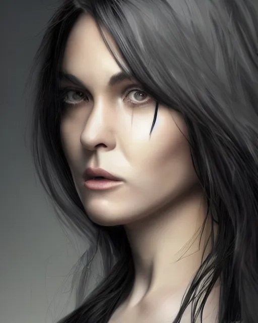 Image similar to portrait of a tall 4 0 - year - old woman with thin lips, heavy - lidded eyes, a strong jaw and long, thick shining black hair, thick eyebrows and long eyelashes, wearing in black clothes, hyper realistic face, beautiful eyes, character art, art by mark brooks, hyperdetailed, cryengine, trending on artstation, digital art