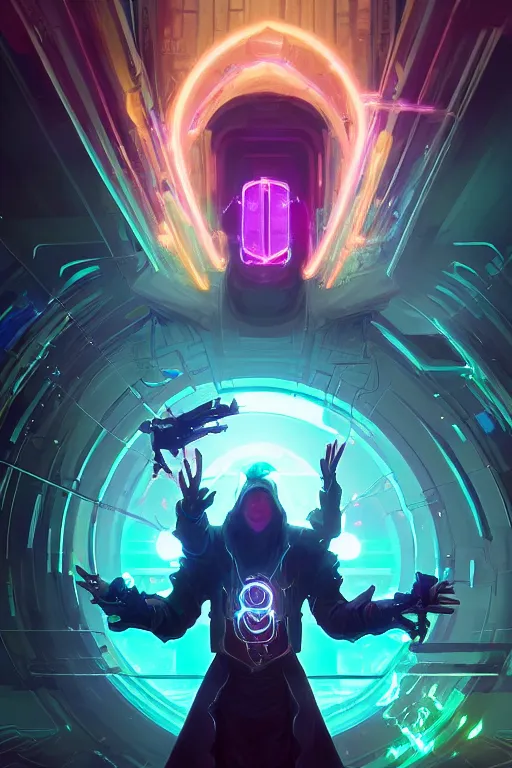 Prompt: cyber-warlock surrounded by techy glowing glitch magic holograms, used scifi style, D&D, sketchy lines and brushstrokes, no blur, 4k resolution, ultra detailed, style of Greg Rutkowski, Zac Retz, Kawase Hasui, beeple, Eddie Mendoza, alphonse mucha,