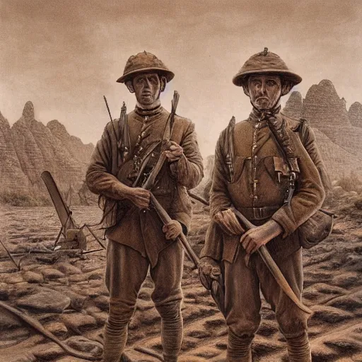 Image similar to ultra detailed photorealistic sepia - toned painting from 1 9 1 7, three british soldiers standing at an archaeological dig site in wadi rum, ultra realistic, painted, intricate details, lovecraft, atmospheric, dark, horror, brooding, highly detailed, by boris vallejo