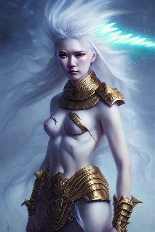 Prompt: oil painting, sakimi chan, white skin, fantasy armor, detailed face, dramatic lighting, tony sart, wind, lightning