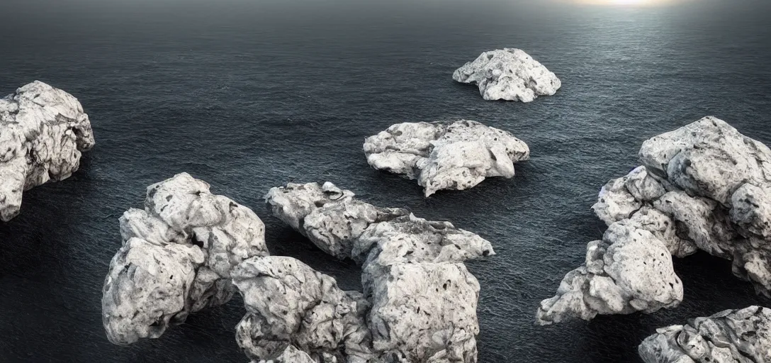 Image similar to octane render uhd, 8 k art photography, filmic lighting, cinematic art shot, hyperrealistic, hyperdetailed, super detailed, 8 k, high resolution, vast dark granite landscape with mysterious strangle glowing crystalline structure made of white rocks in the far distance, particle simulation, painting by ross tran and ivan aivazovsky, black water, sunset