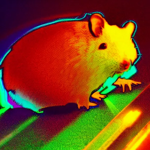 Image similar to cyberpunk hamster made of glowing neon lights holding a rainbow gem crystal, light reflection, 8 k, hd, logo