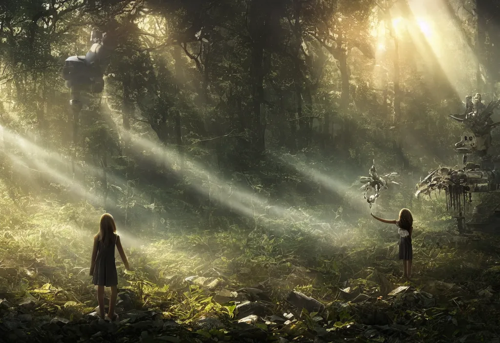 Image similar to sci - fi scene future new york, little girl holding a hand of a big robot, forest punk, crepuscular rays, epic scene, hyper realistic, photo realistic, overgrowth, cinematic atmosphere, ethereal lighting